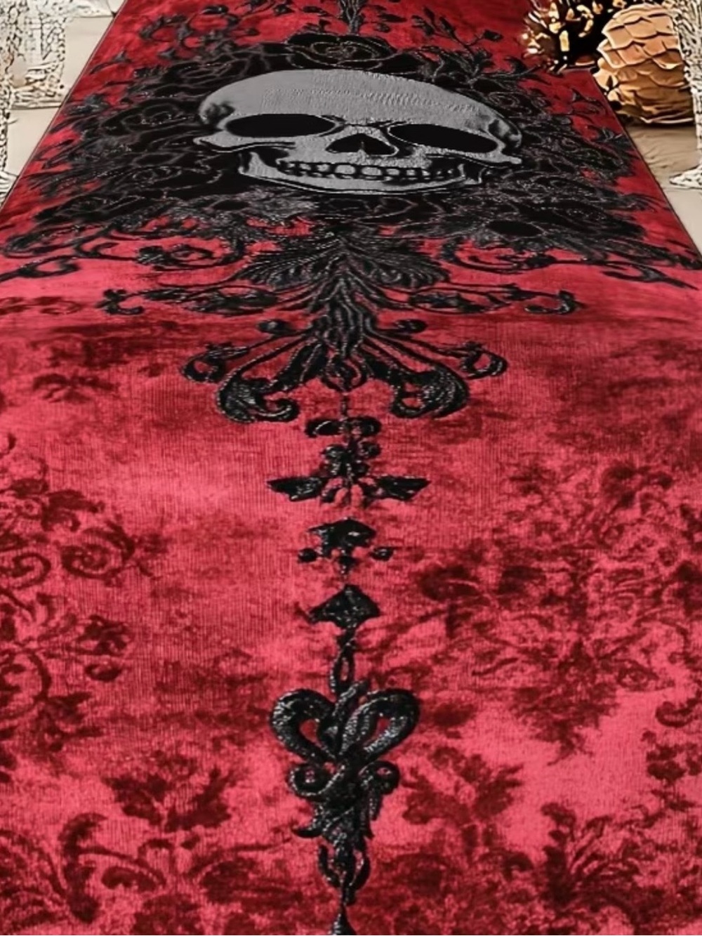Red Canvas Gothic Skull Table Runner